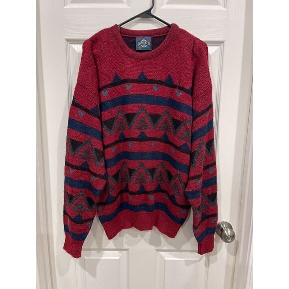 Vintage 90's Jantzen Knit Sweater Men Size Large Red Abstract Geometric Stretch - Picture 1 of 3